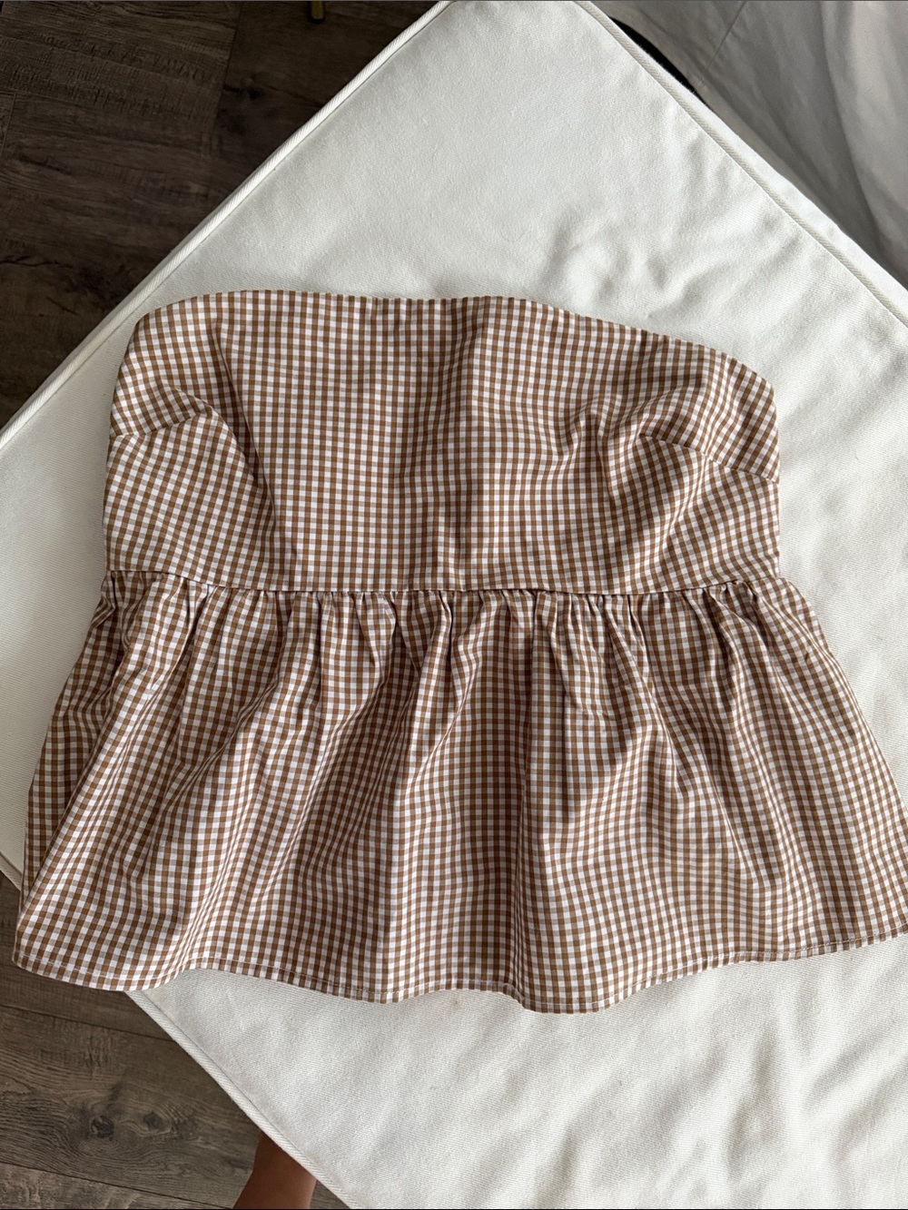 Strapless Brown Gingham Peplum Top